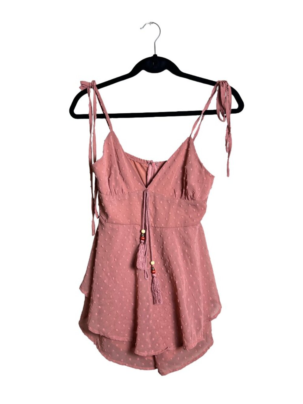 Boho Swiss Dot Romper Mauve Tie Shoulder Tassel Small